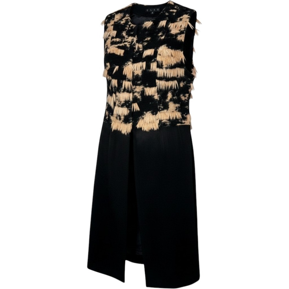 ELIO Longline Vest Womens 6 Black Tan Faux Fur Mixed Media Eyelash Fringe Duster